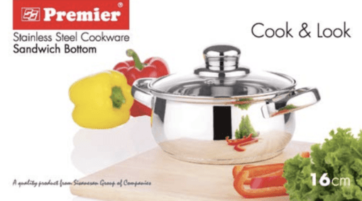 PREMIER Stainless Steel Cook & Look with Glass LID with Sandwich Bottom 16CM CODE-0061711 - Image 2